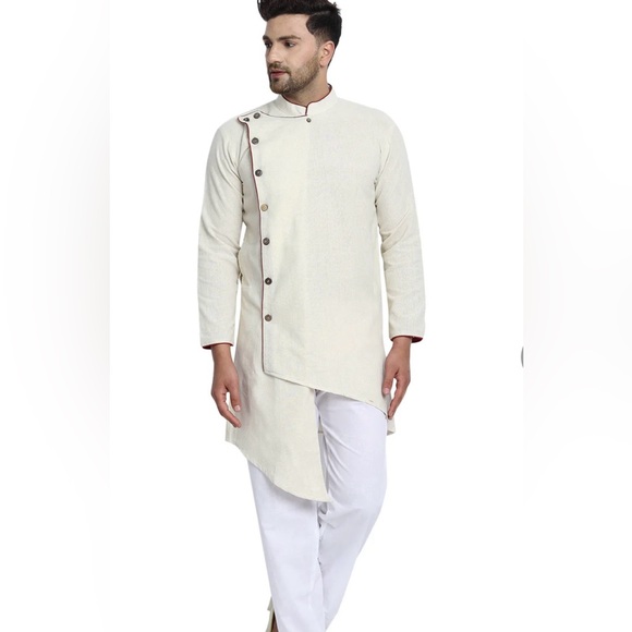 Skavij Men's Tunic Cotton Angrakha Kurta Pajama Party Dress Set Off-White - Picture 1 of 5